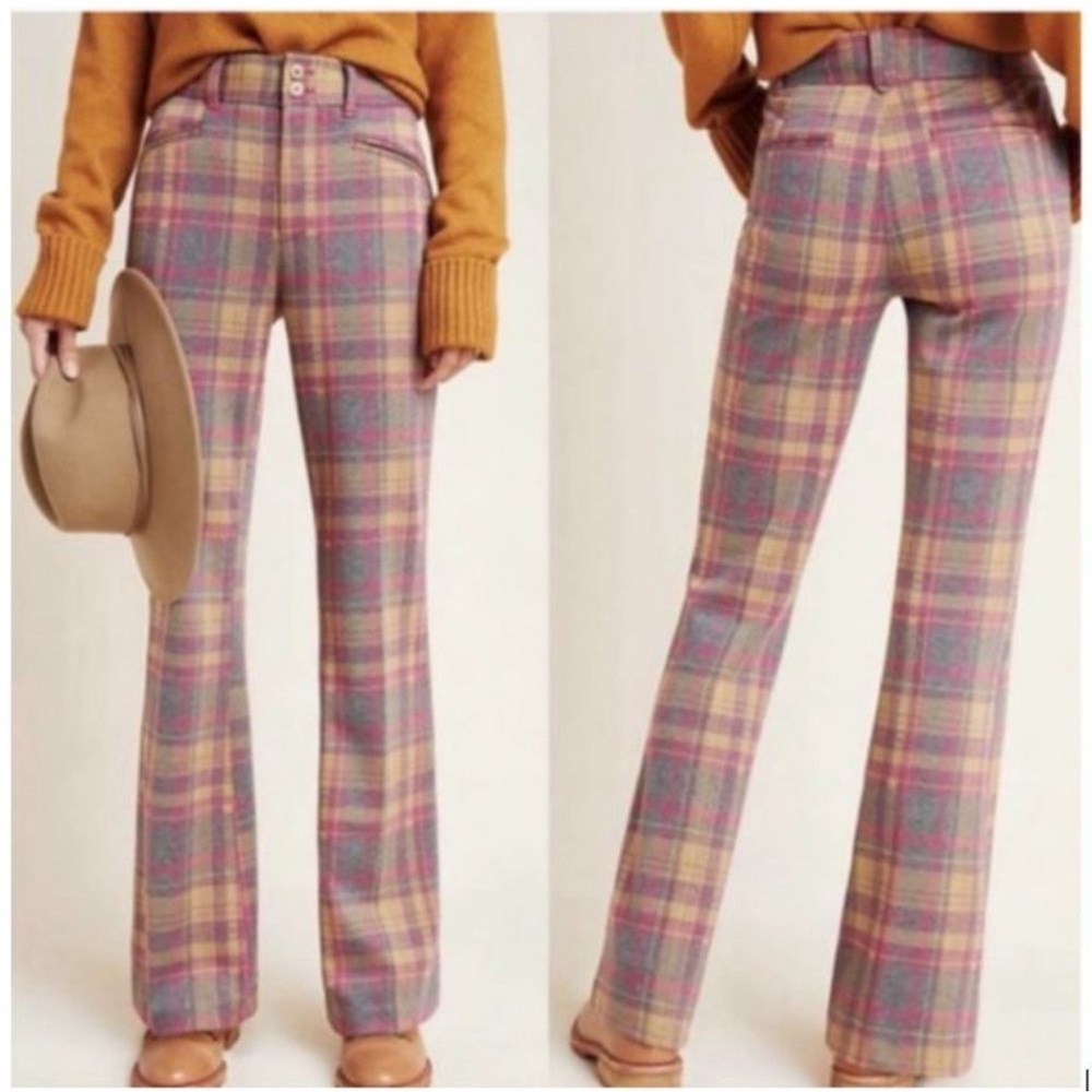 Anthropologie Essential Pink Check Plaid Flare Trousers US 2